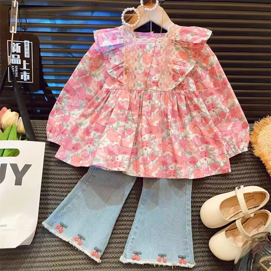 佑琦恩女童时尚气质新洋气碎花娃娃衫小樱桃牛仔裤分开拍L55001啦