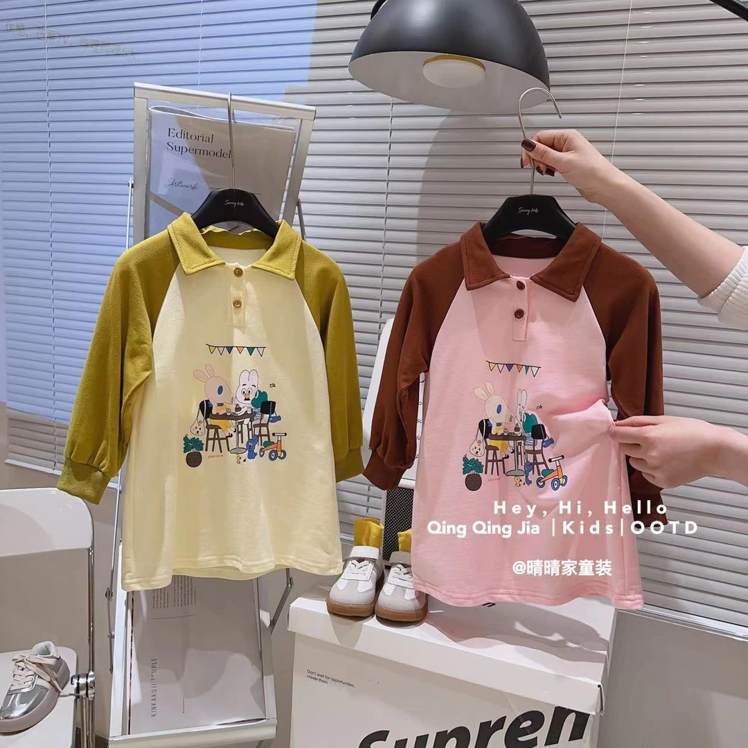佑琦恩女童连衣裙卡通印花娃娃领撞色插肩袖秋T恤公主裙Q23325嘉