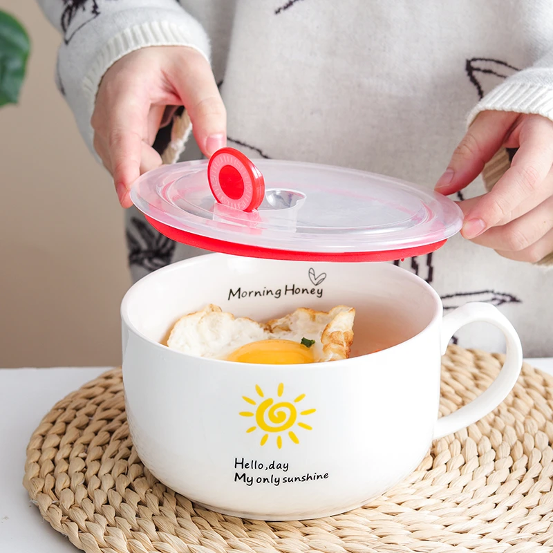 陶瓷泡面碗饭碗碗带盖带手柄保鲜面碗方便面碗便当盒汤碗可微波炉