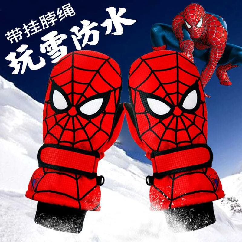 儿童玩雪防水手套冬季男孩蜘蛛侠卡通保暖宝宝滑雪手套加绒加厚