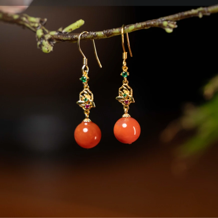 9mm南红圆珠耳钩/HS249088