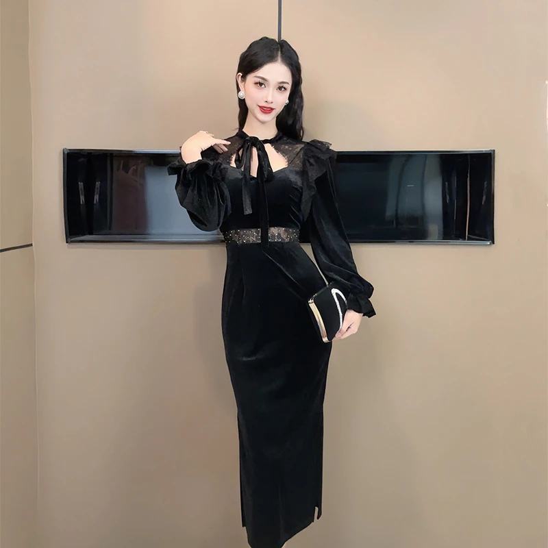 新款法式复古飘带网纱拼接收腰包臀连衣裙30694