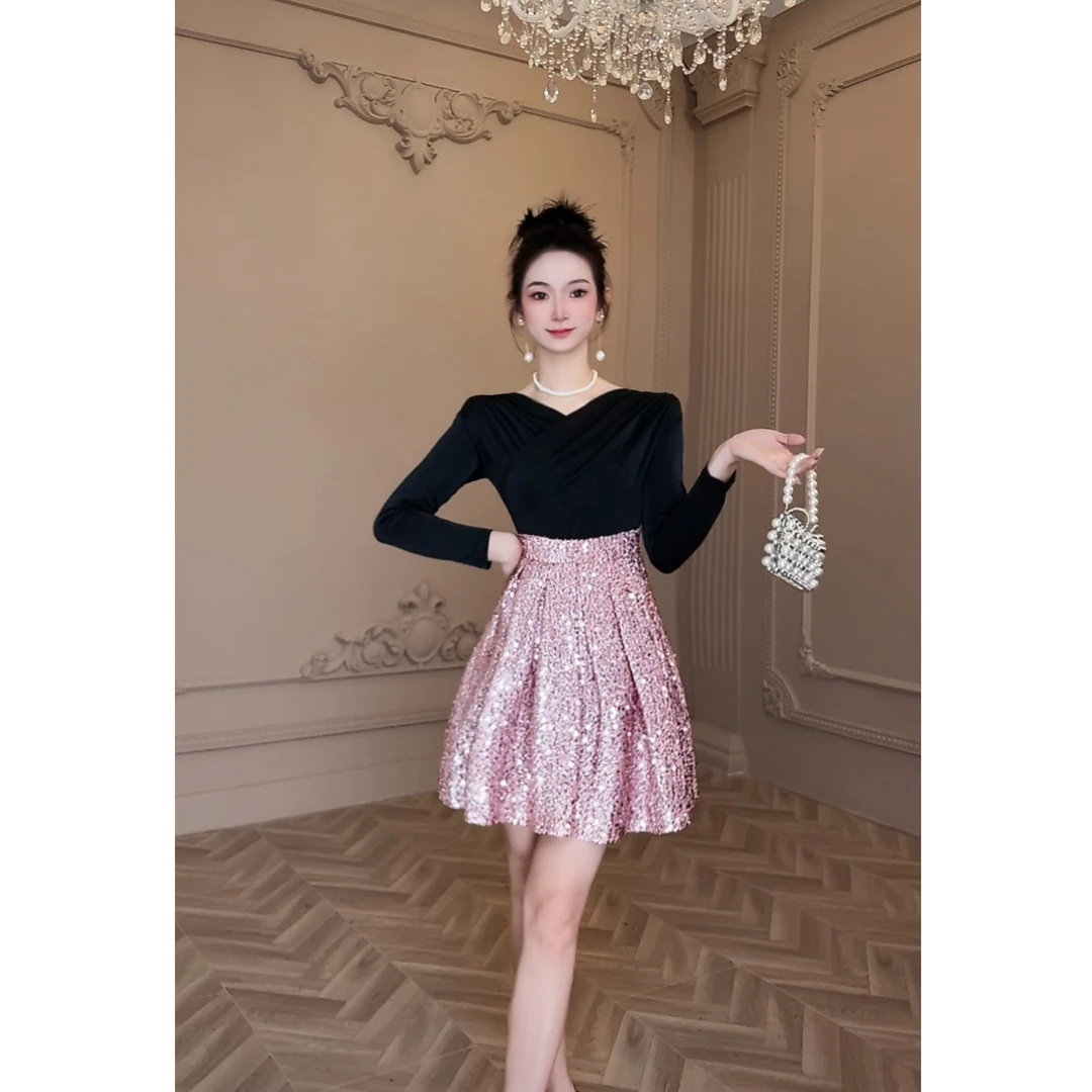 【童童定制】秋冬新款法式亮片拼接时尚气质名媛显瘦连衣裙65196
