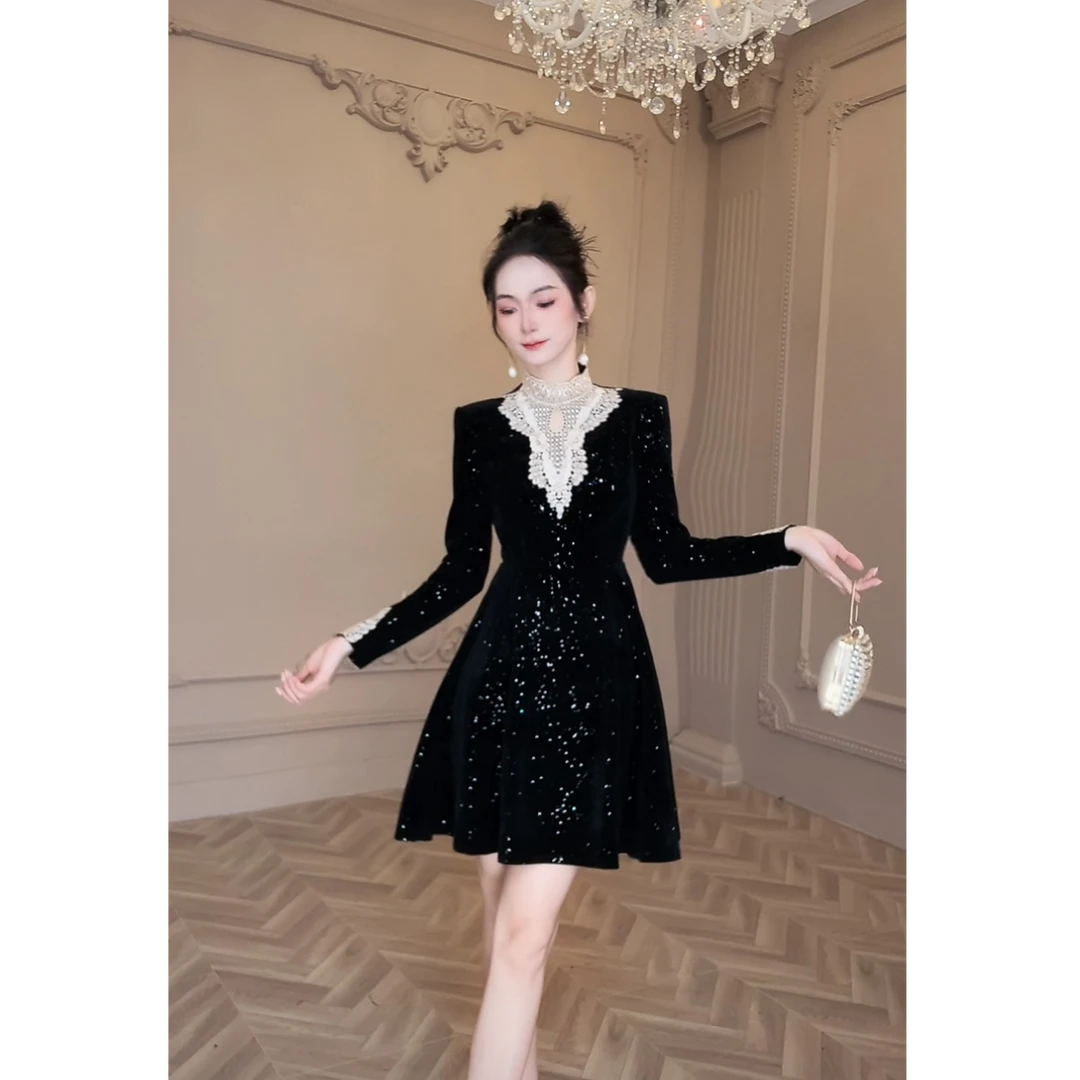 【童童定制】新款轻奢法式高级感复古拼接小黑裙气质显瘦连衣裙9968