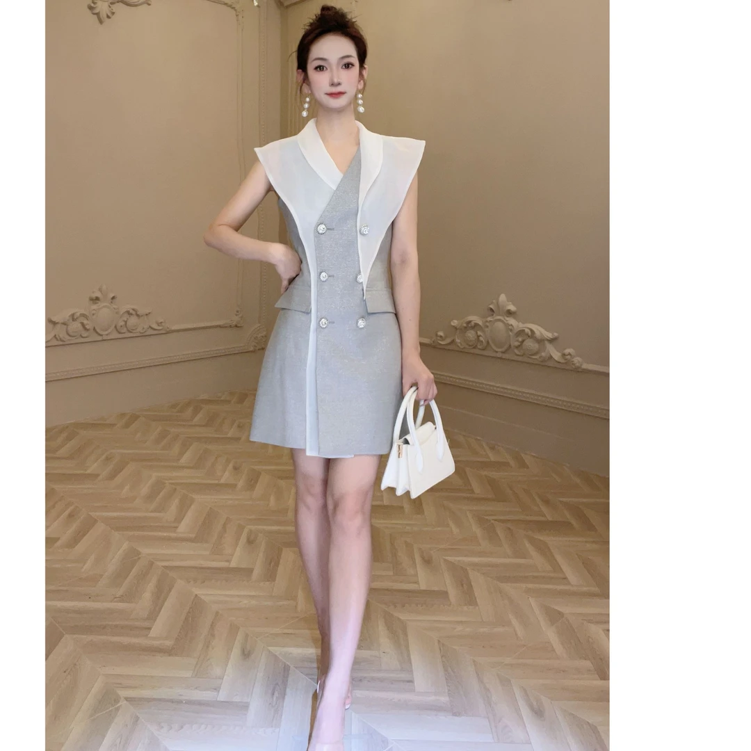 新款灰色夏季时尚设计感轻奢连衣裙9517