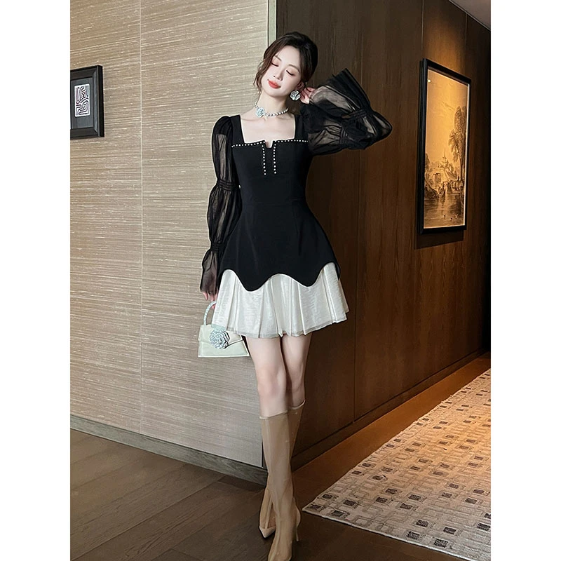 【设计师新款】小众赫本风泡泡袖气质显瘦长袖时尚连衣裙65148