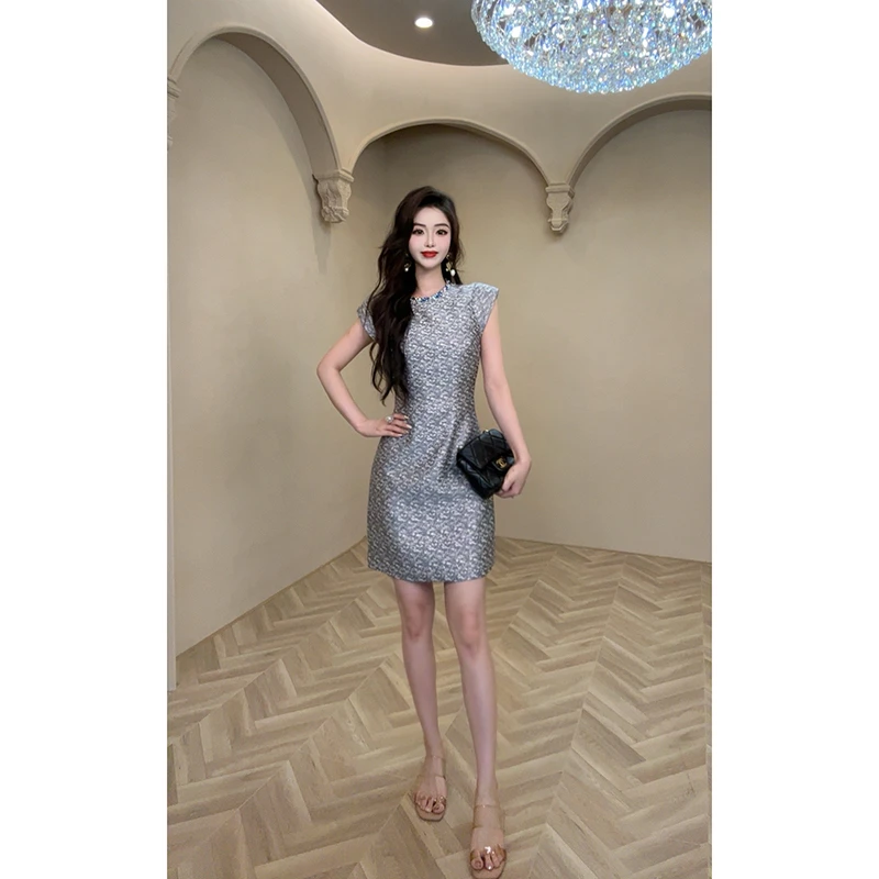 新款气质时尚法式小香风收腰短款连衣裙30933