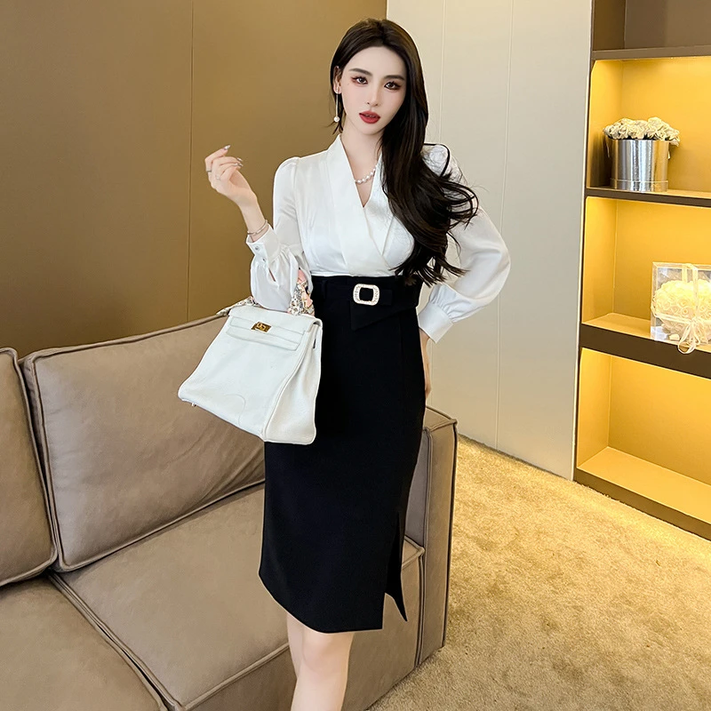 秋冬新款职业包臀长裙V领黑白色修身包臀连衣裙30017