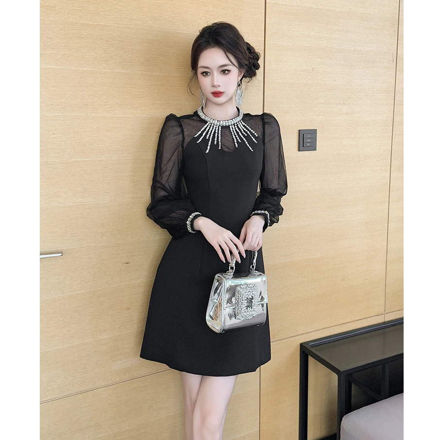 秋冬新款气质轻奢名媛网纱收腰显瘦连衣裙9911