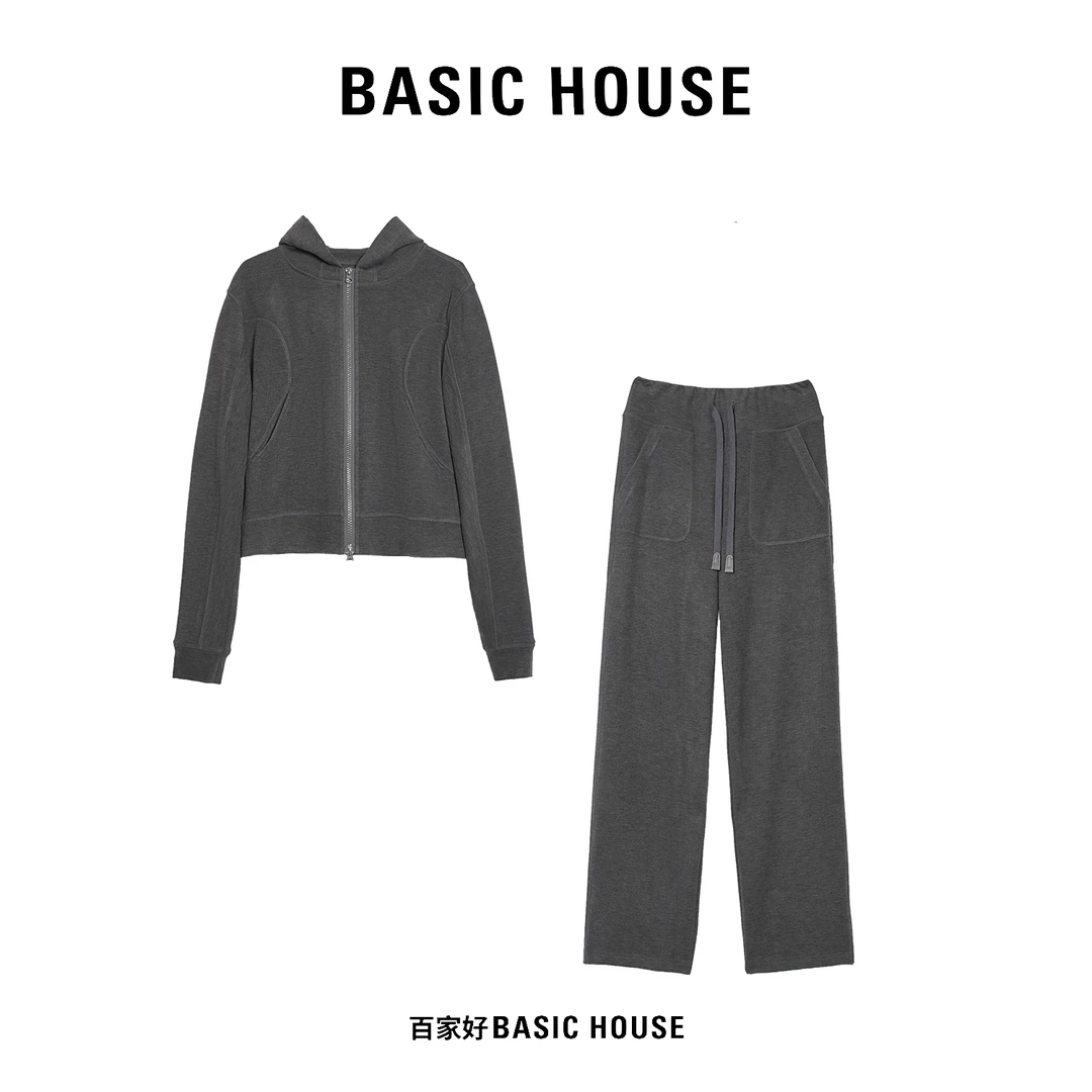 Basic House/百家好2024秋季新款休闲时尚连帽卫衣减龄显瘦套装女