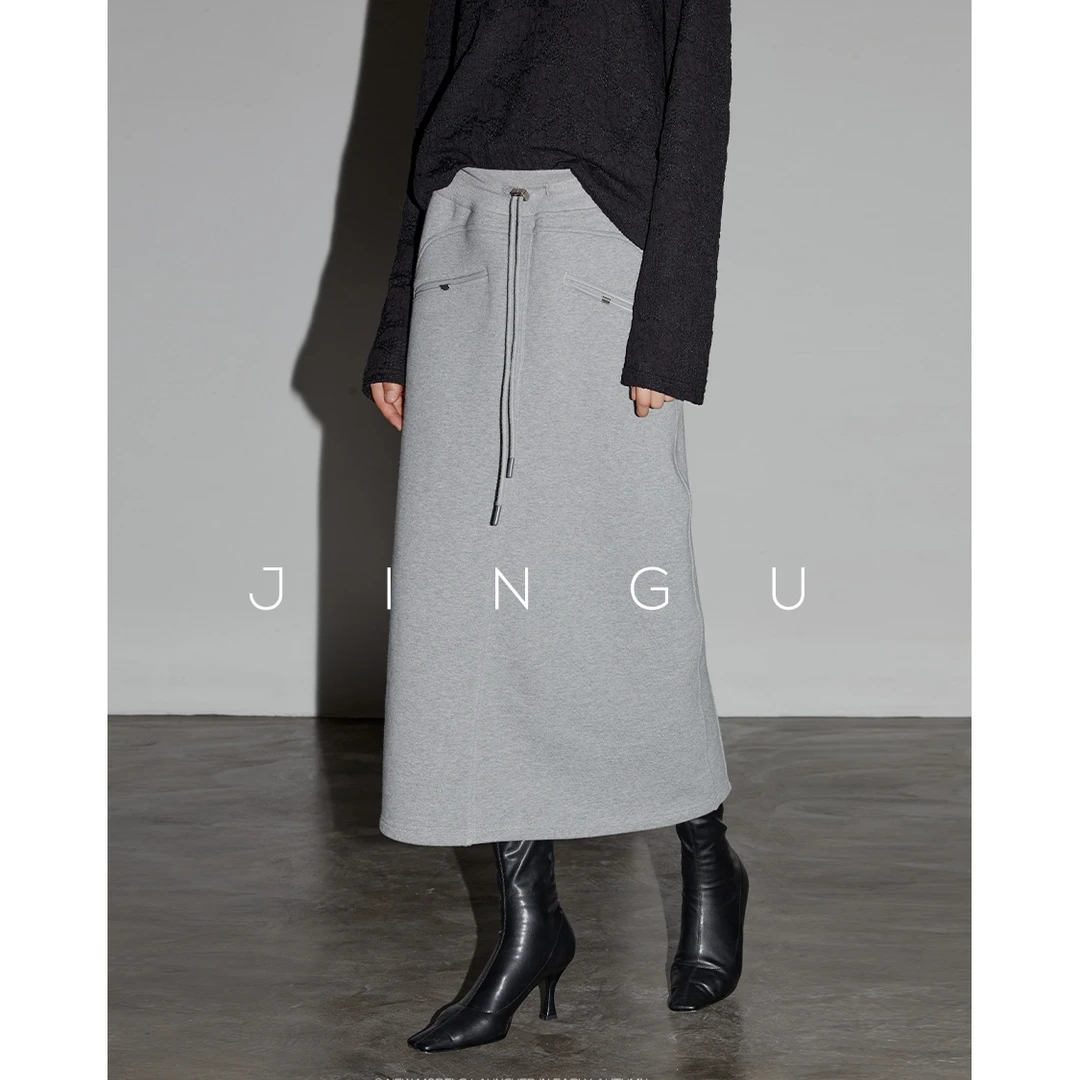 JGGU黑标线条感金属扣抽绳半身裙女早秋运动款休闲裙JG12230078