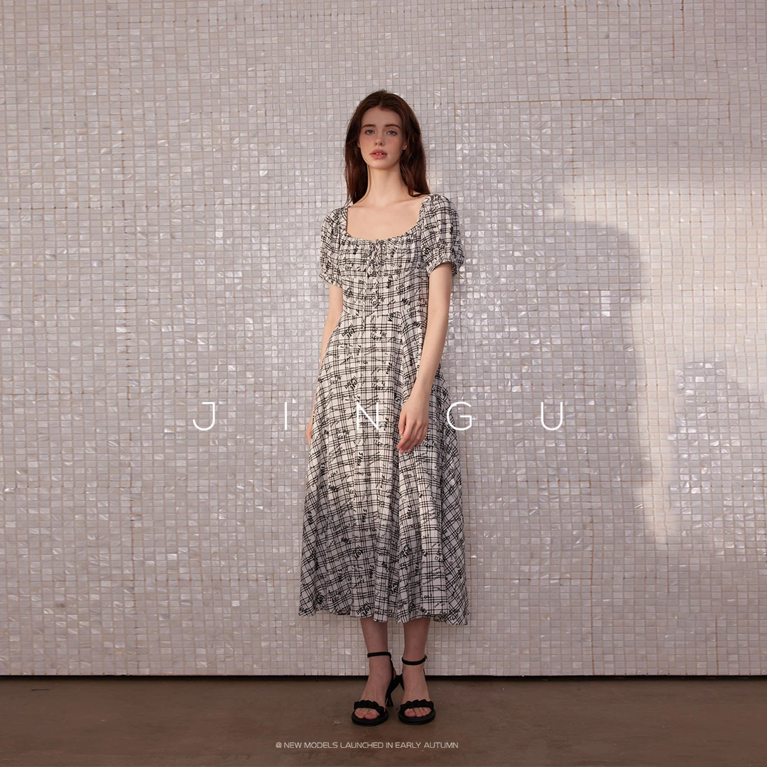JGGU黑标法式复古抽褶气质长款连衣裙夏季JG11240105