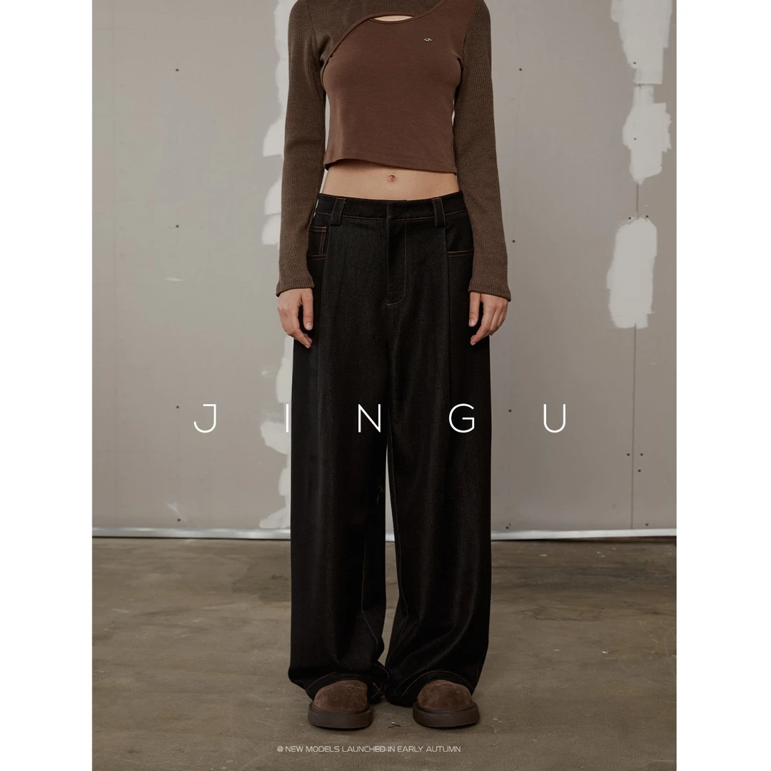 JGGU晶咕黑标仿牛仔TR明线阔腿裤春秋休闲宽松直筒裤子JG11230308