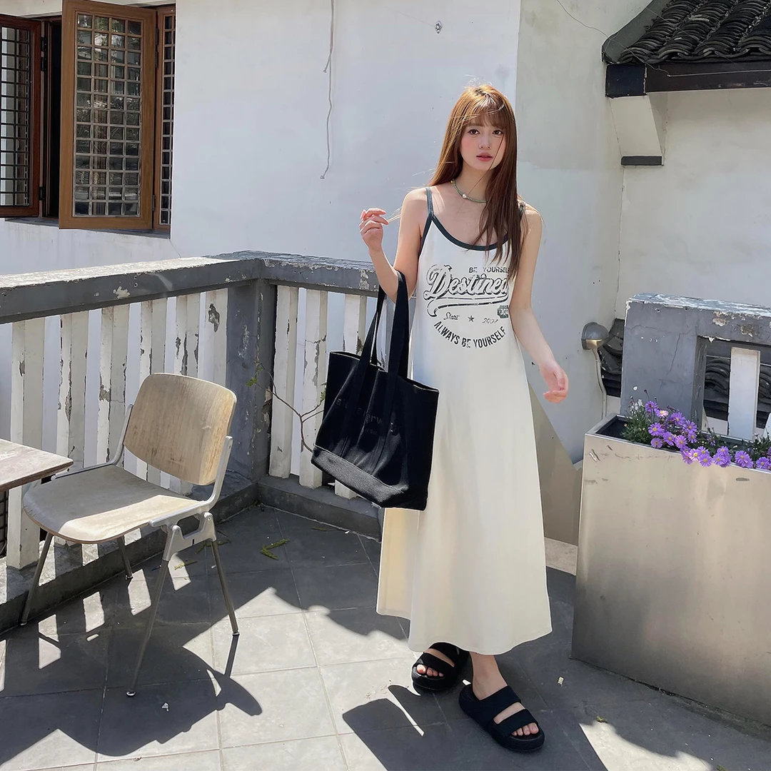 晶咕白标~长款胸前做旧字母印花撞色吊带背心裙女夏季大码裙子