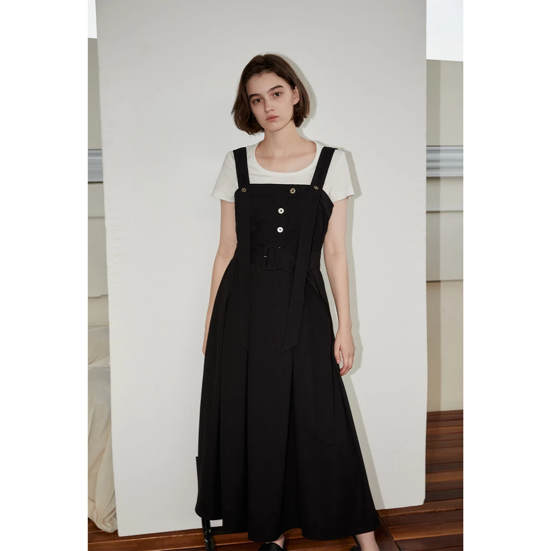 晶咕黑标金属扣背带连衣裙夏季时尚气质小众背带长裙收腰宽松