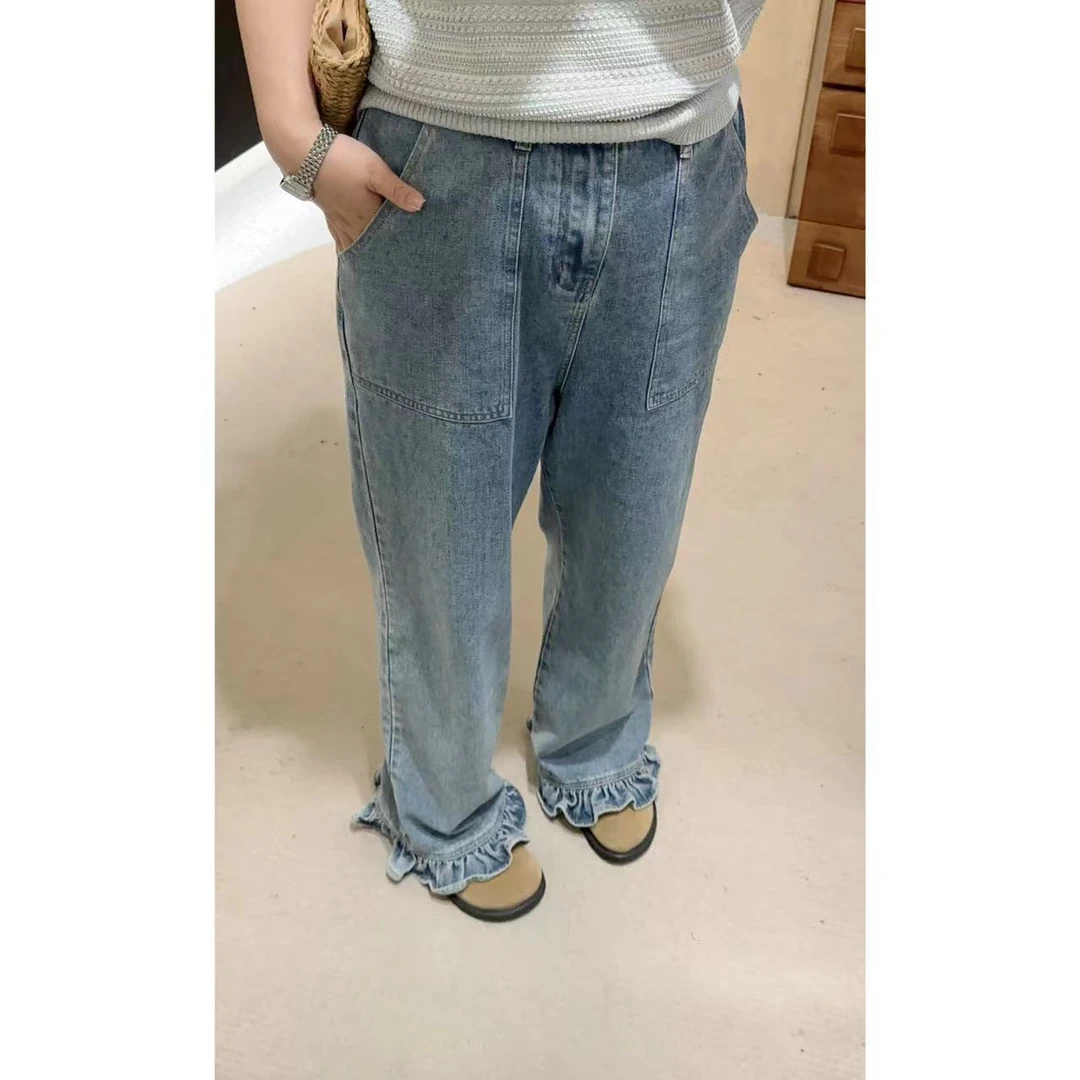 晶咕佳佳【夏日浪漫】设计感荷叶边直筒牛仔裤显瘦高腰时尚休闲