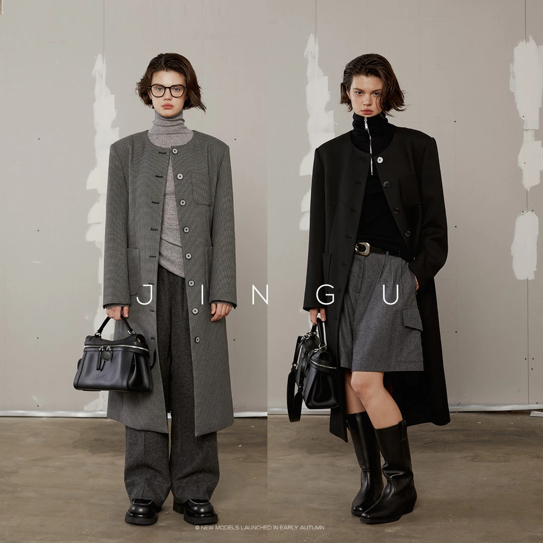 JGGU黑标全尺码多种穿法毛呢大衣外套显瘦气质黑色宽松JG11230311