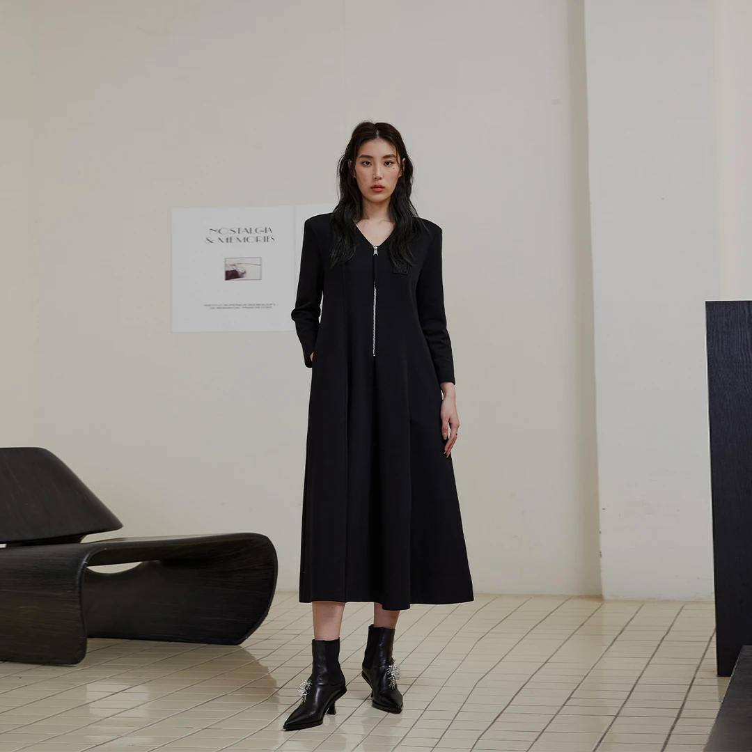 JGGU晶咕黑标 气质显瘦黑色长短款连衣裙时尚收腰长袖长短款裙