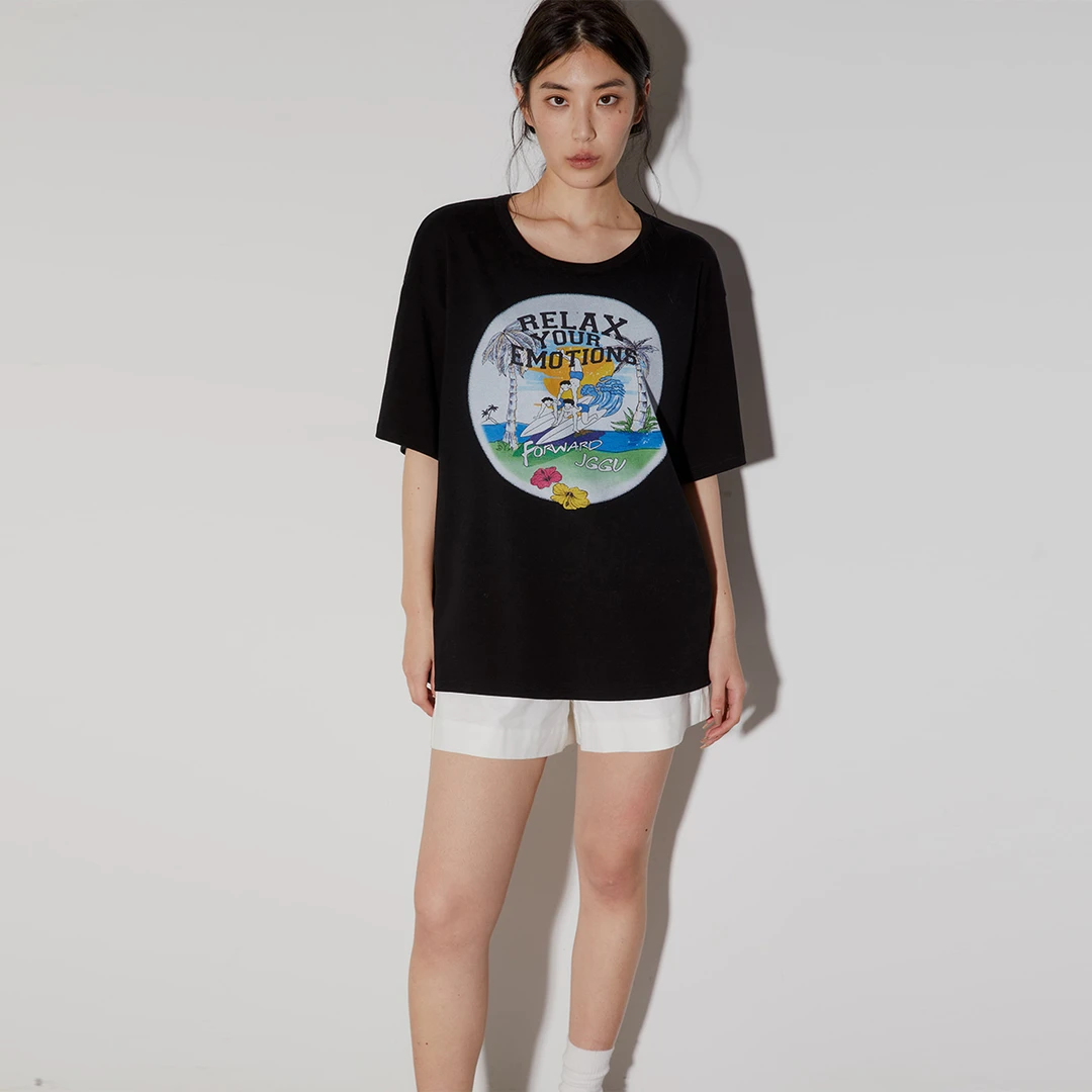 晶咕黑标JGGU正肩印花短袖t恤女美式炸街复古圆领长短上衣