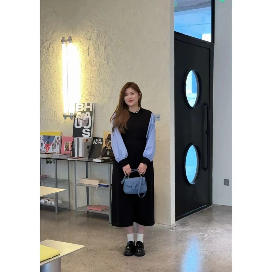 晶咕【水波温柔】气质拼色长袖收口连衣裙显瘦时尚法式复古