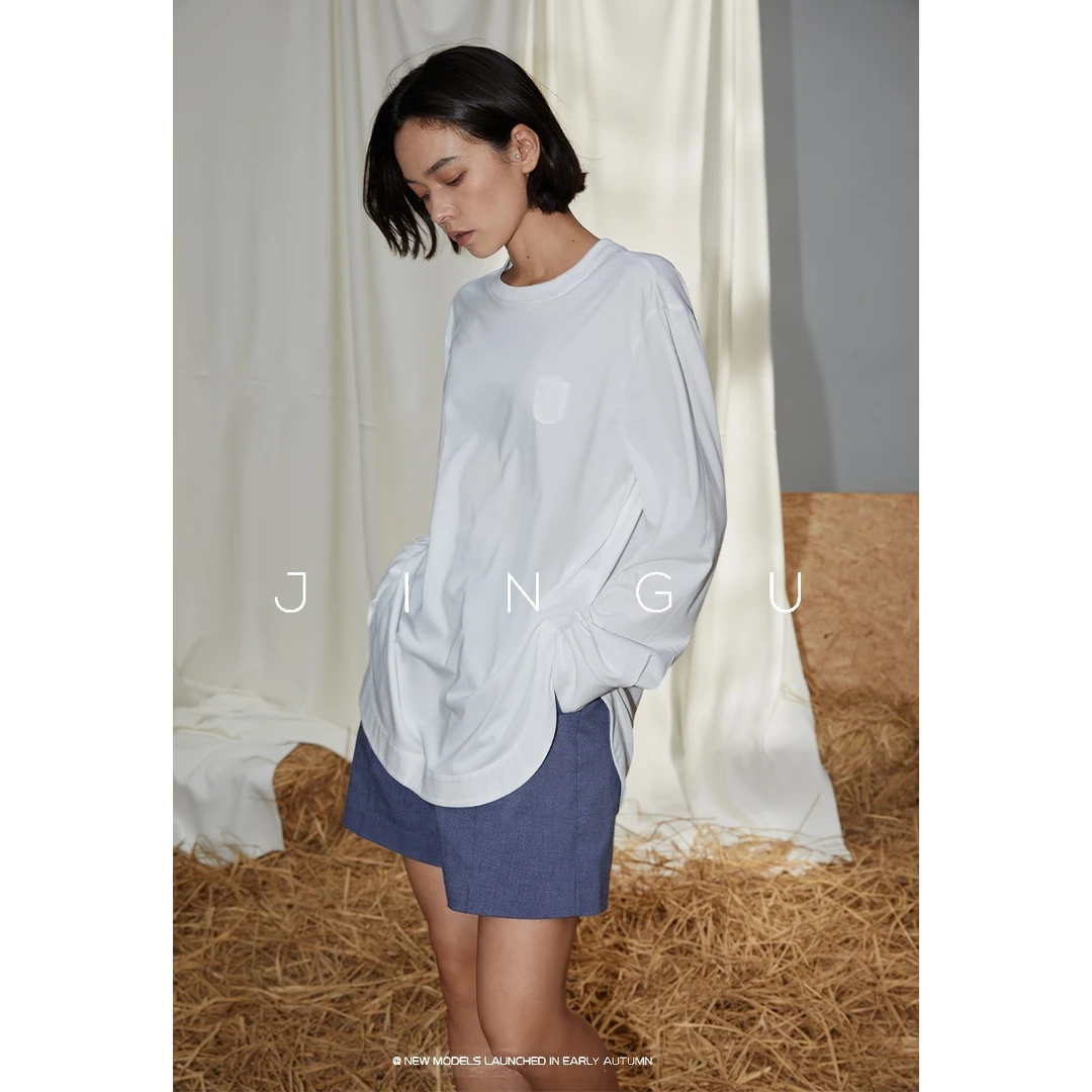 JGGU黑标~ 小口袋宽松版T恤圆领休闲纯色薄款设计感透气