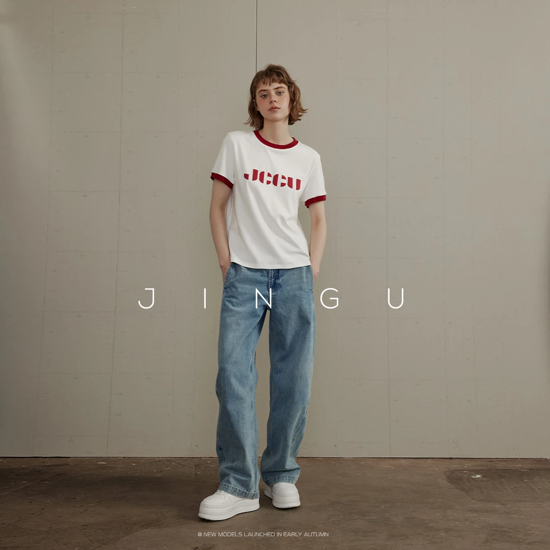 JGGU黑标JGGU凸印字母印花撞色领短袖T恤女夏季上衣JG12240027