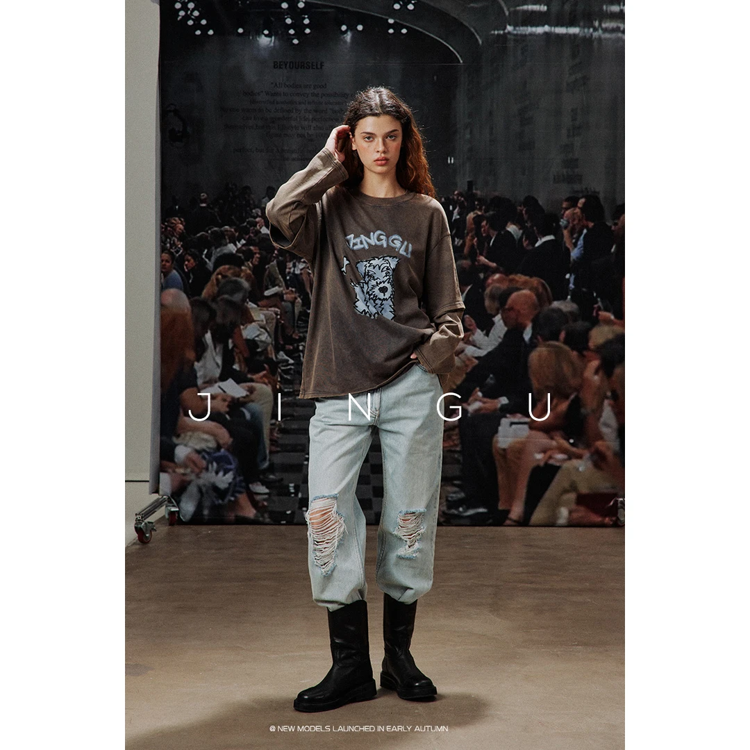 晶咕黑标优质原料美式复古卡通印花假两件拼接长袖T恤JG11240173