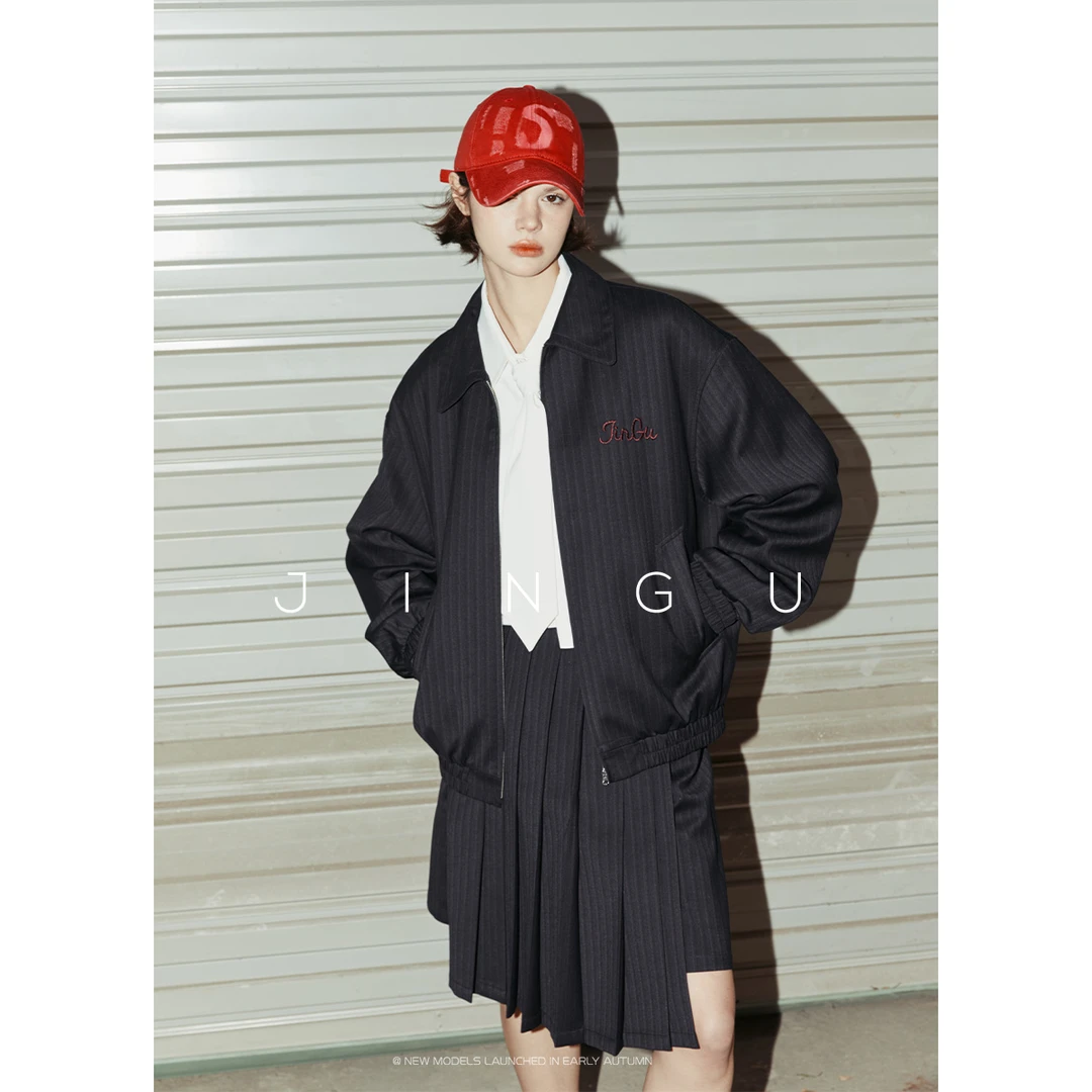 晶咕黑标撞色刺绣条纹外套学院风美式休闲宽松长袖上衣JG11230402