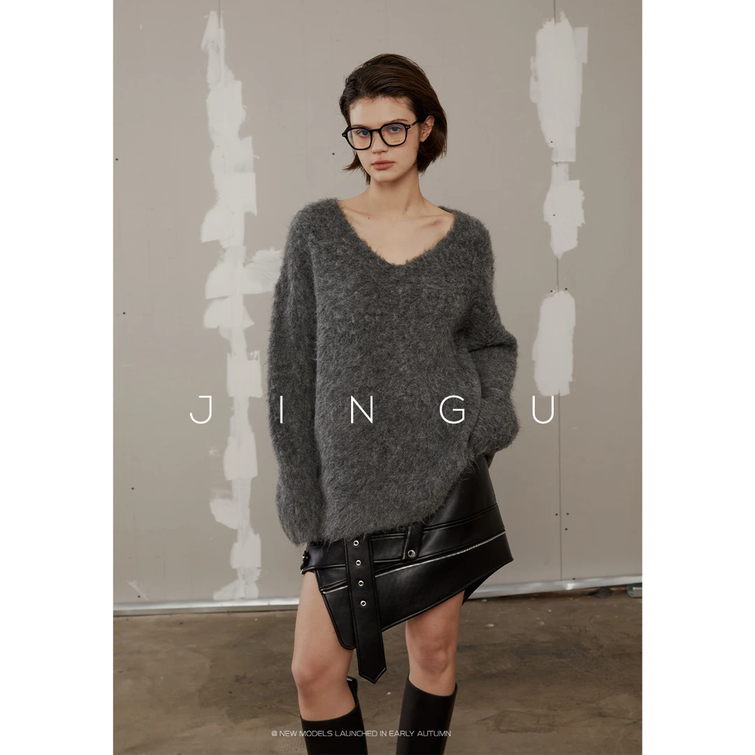 晶咕黑标羊驼毛柔软针织毛衣针织衫短款时尚宽松秋冬JG11230365