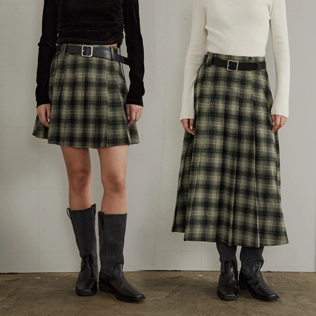 JGGU黑标全尺码系列TR斜纹面料/皮带百褶压皱中长款a字半身裙女