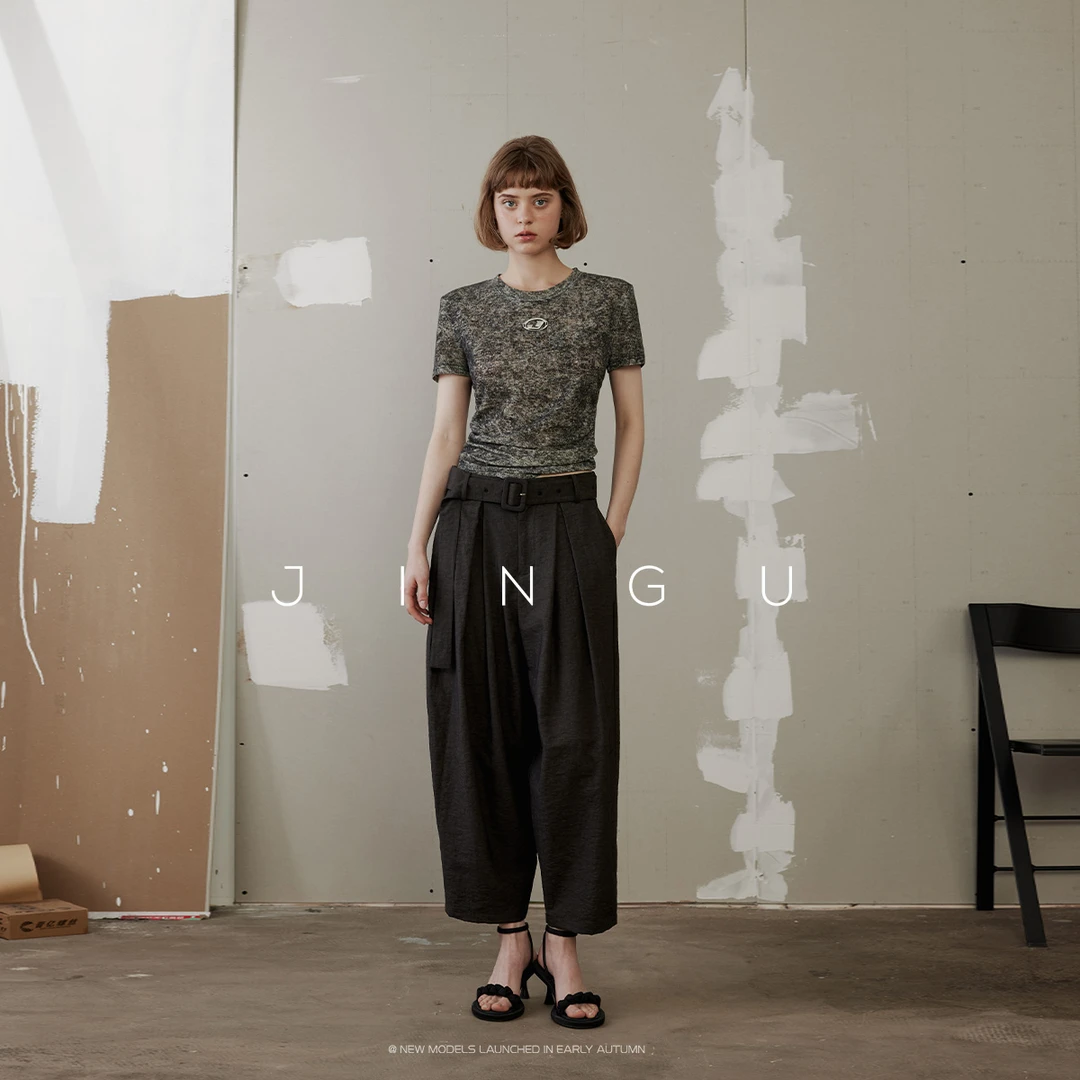 晶咕黑标金属标褶皱收腰扎染感T恤蕾丝气质时尚女士JG12240014