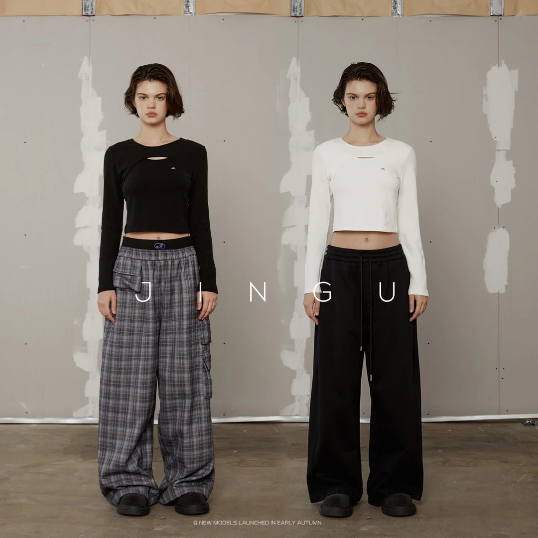 JGGU晶咕黑标交叉镂空修身长袖T恤运动宽松百搭短袖JG12230141