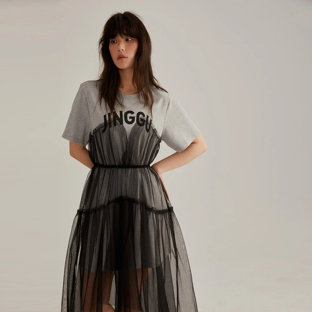 晶咕黑标印花拼接网纱T裙夏季休闲设计感宽松纱裙长裙JG11230127