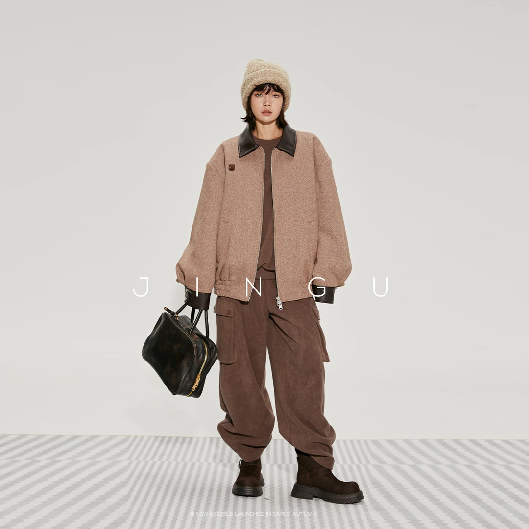 晶咕黑标夹棉拼皮领毛呢短外套秋冬休闲复古宽松棉衣JG12230128