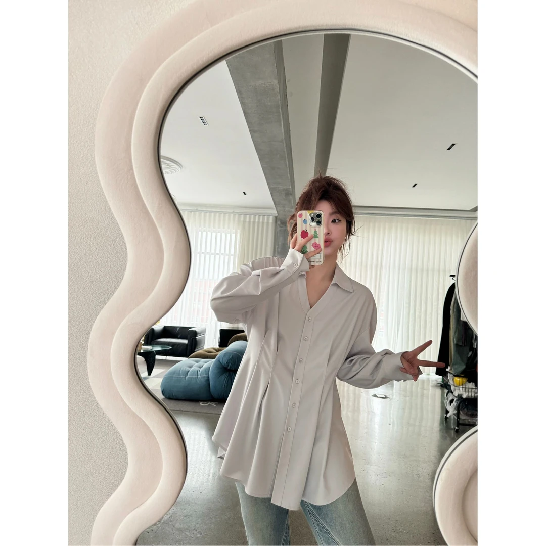 晶咕【小蛮腰】翻领收腰设计感显瘦长袖气质衬衫款上衣