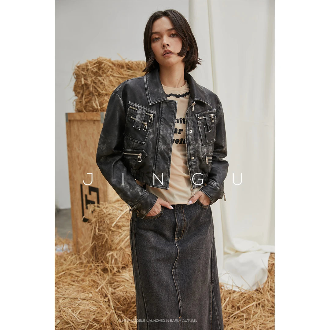 JGGU晶咕黑标重工复古水机车皮衣女韩版短款设计感小众JG12230062