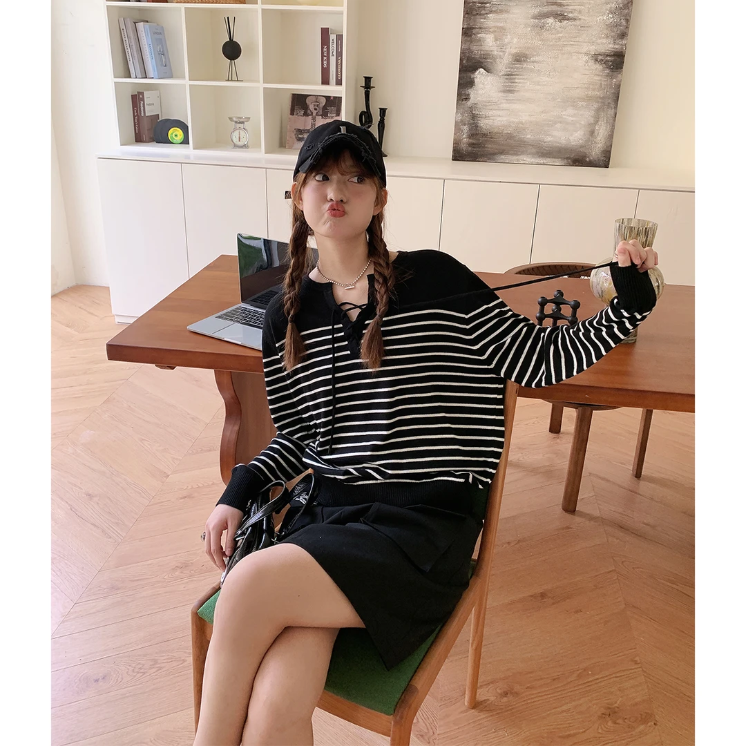 晶咕白标~混纺条纹复古针织衫女秋季新款大码慵懒长袖上衣