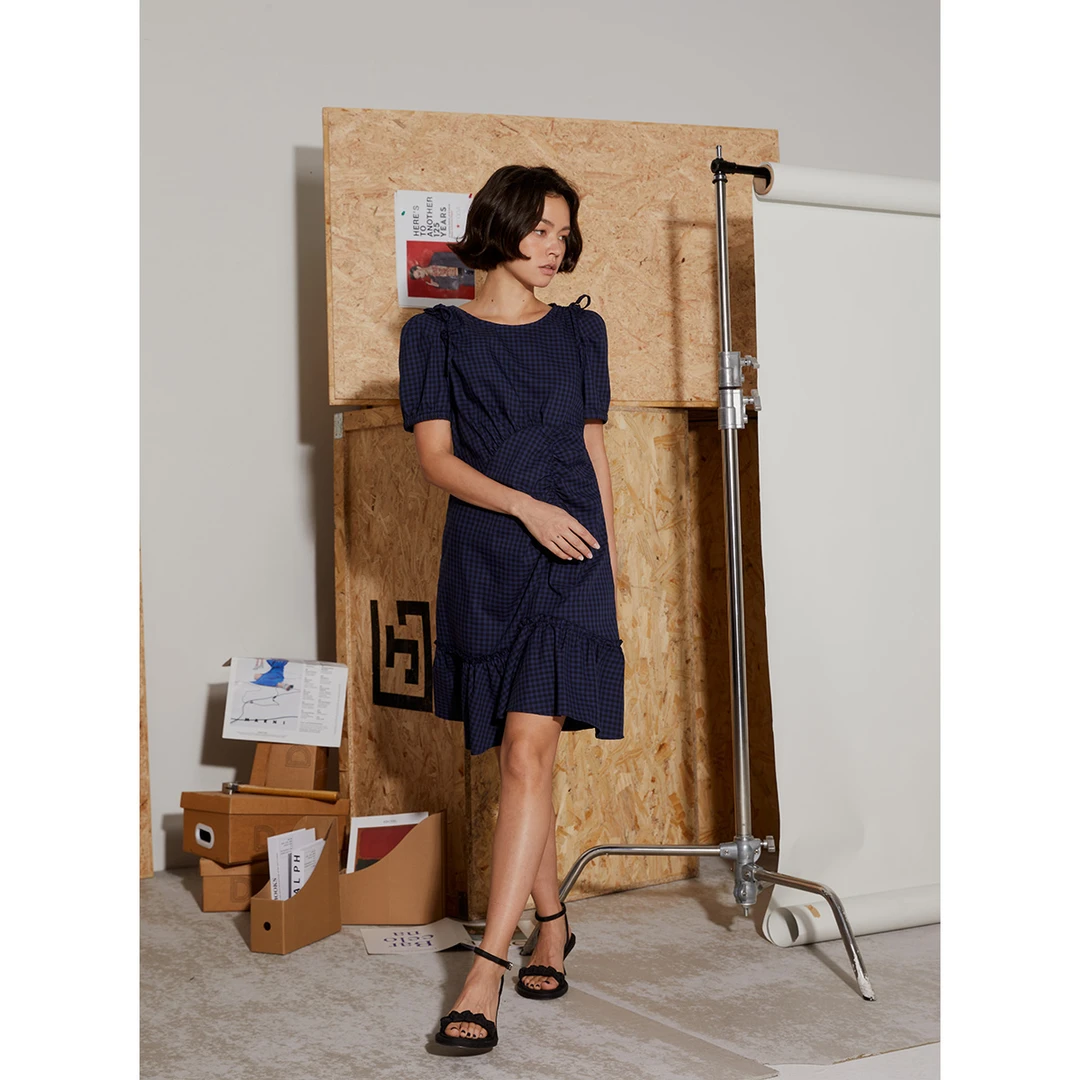 晶咕黑标褶皱荷叶摆蝴蝶结连衣裙夏季宽松气质百搭复古法式裙