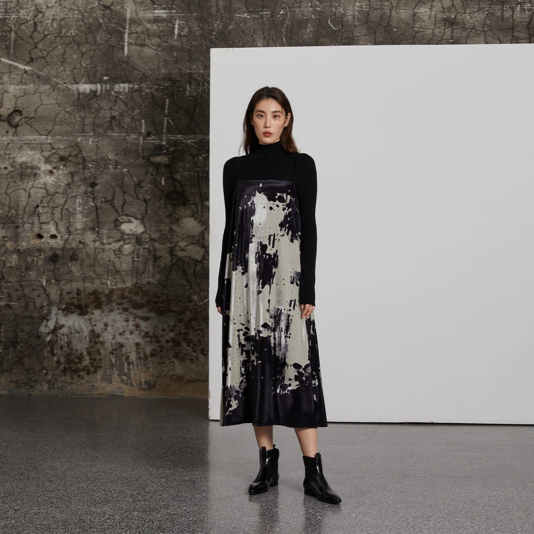 JGGU黑标气质优雅款针织长裙定染丝绒吊带连衣裙JGTM202210016