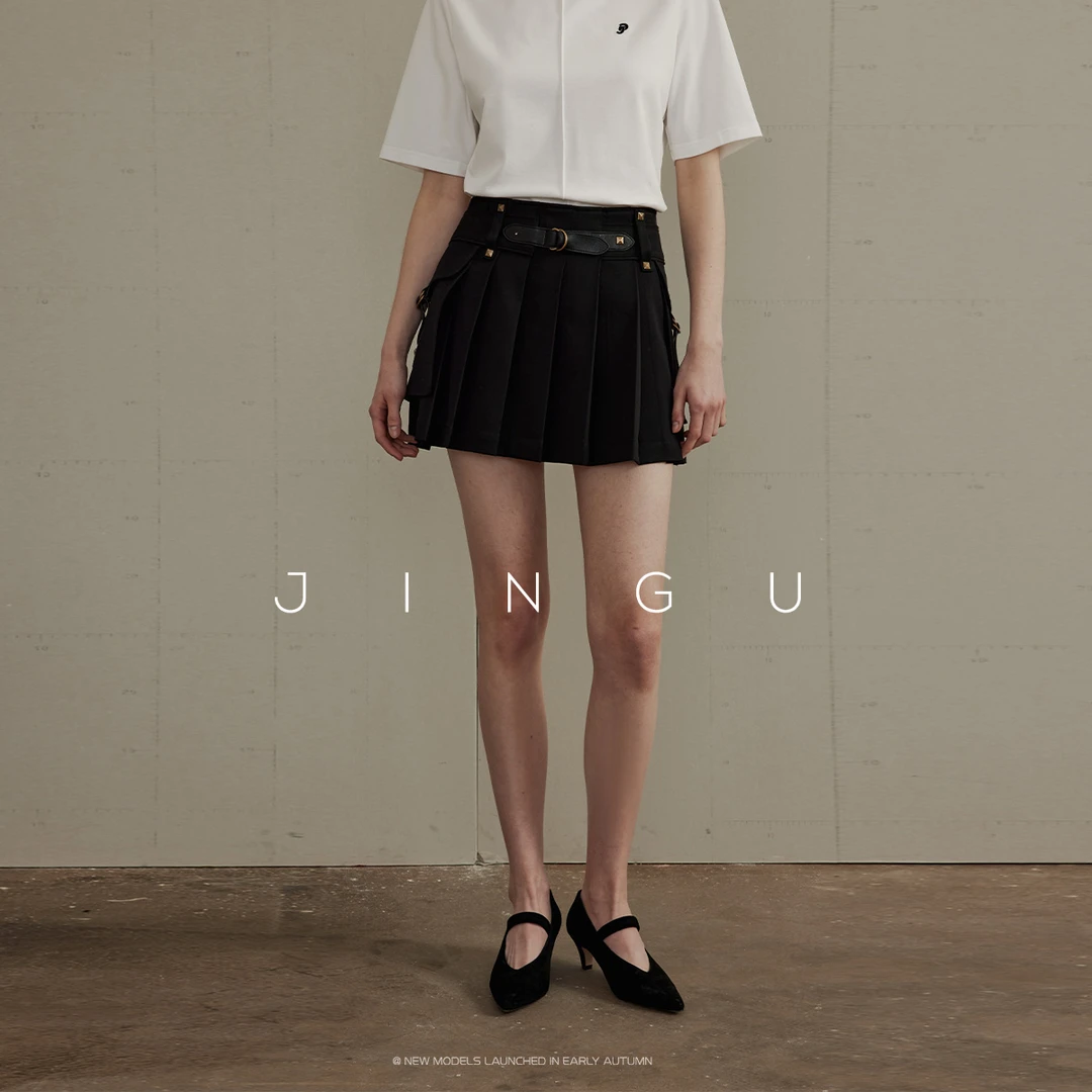 晶咕黑标高腰铆钉皮带百褶半身裙女夏季短款时尚显瘦裙子