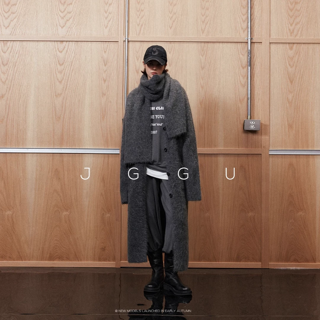 JGGU晶咕黑标极简羊驼毛混纺长款开衫外套围巾套装系列JG11240285