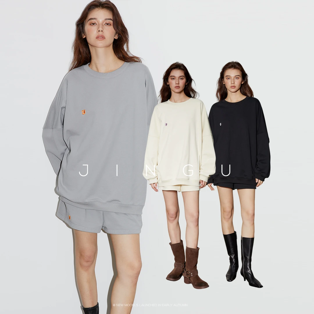 JGGU时尚慵懒oversize个性年轻随性撞色刺绣卫衣短裤JG12230107