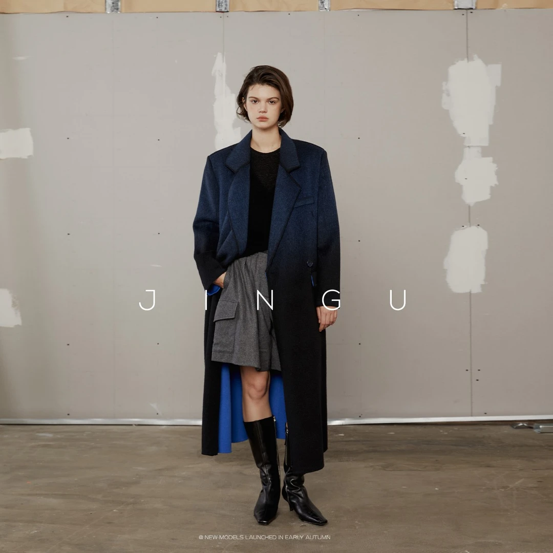 JGGU晶咕黑标全尺码~渐变天丝双面呢大衣中长款毛呢JG12230139