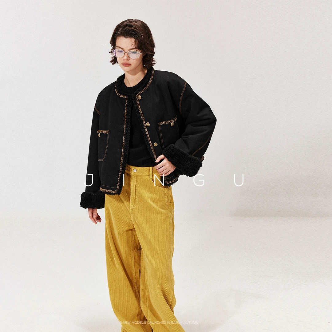 JGGU晶咕黑标100%棉+重工酵素水洗精编仿羊毛皮草两穿毛感短外套