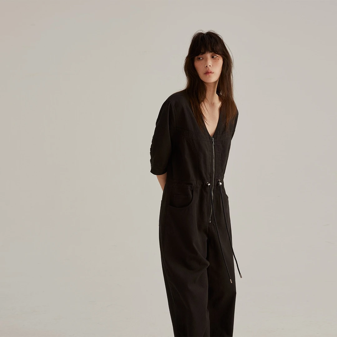 晶咕黑标V领拉链抽绳连体裤设计感休闲宽松百搭连体衣JG12230016