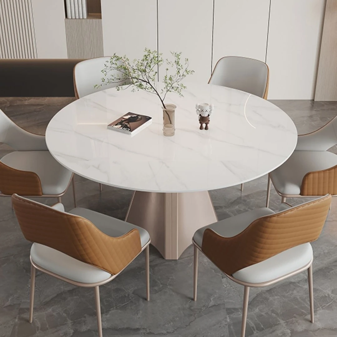 轻奢亮光岩板餐桌伸缩可变圆形桌现代简约家用高端折叠餐桌椅组合