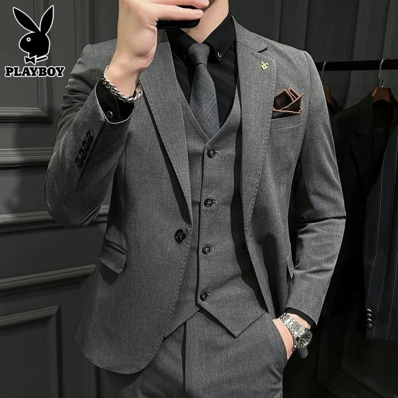 花花公子休闲西服套装男士秋季新款潮牌搭配高级商务西装男三件套