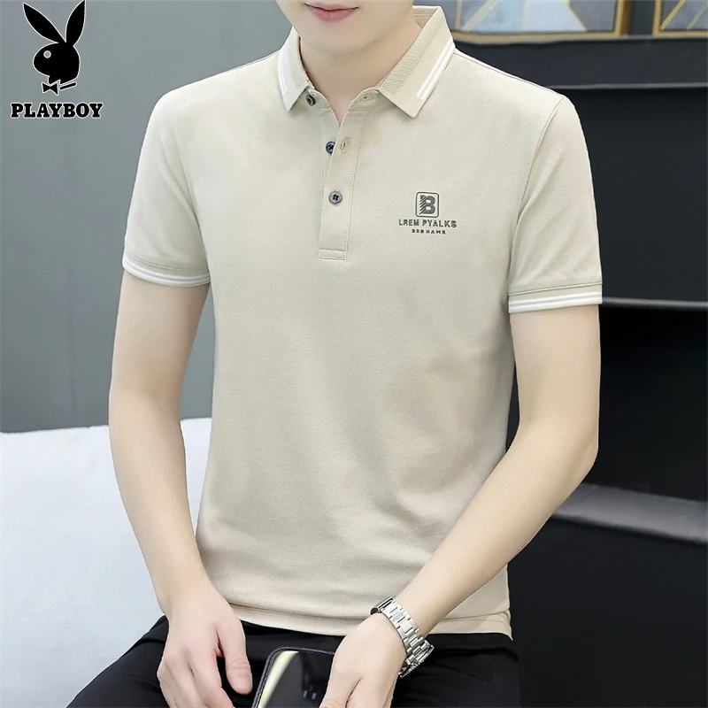 花花公子夏季薄款短袖男士杏色POLO衫韩版潮流百搭宽松休闲薄t恤