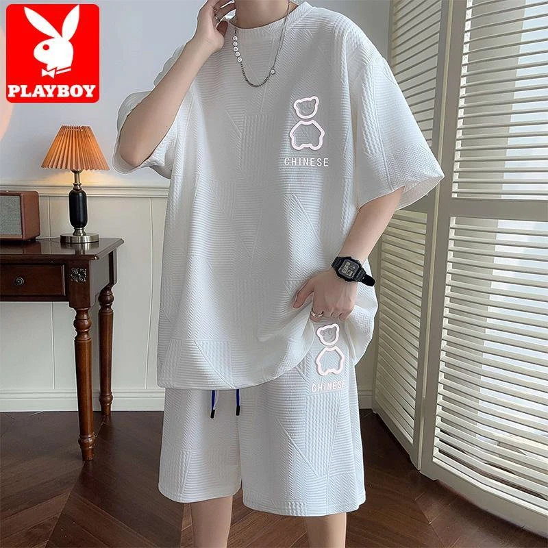 花花公子男士纯色短袖t恤套装夏季潮流休闲男装一套搭配帅气夏装