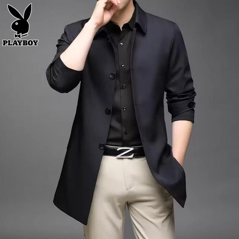 花花公子高级风衣男士中长款外套2023秋季新款潮休闲英伦风大衣男